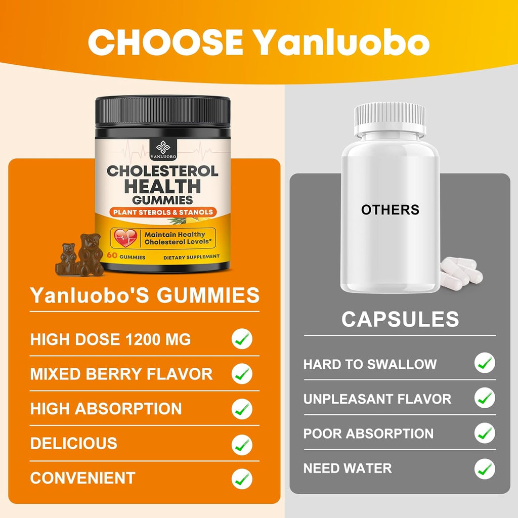 Cholesterol Supplements Gummies, Support Healthy Cholesterol Levels with 1200mg Plant Sterols & Stanols, Bergamot Orange Extract, Red Yeast Rice for Women & Men, Pineapple Flavor, 60 Counts