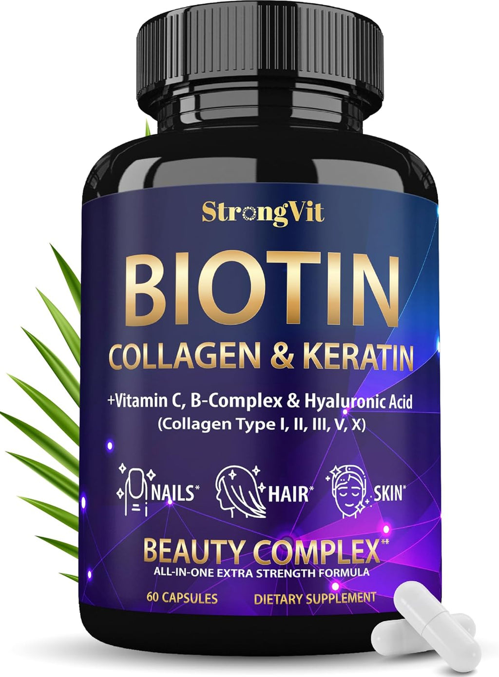 Biotin with Hyaluronic Acid, Keratin, and Collagen Supplements - Hair Growth Vitamins for Women and Men, Healthy Nails and Skin, B1, B2, B3, B6, B7 Complex, USA