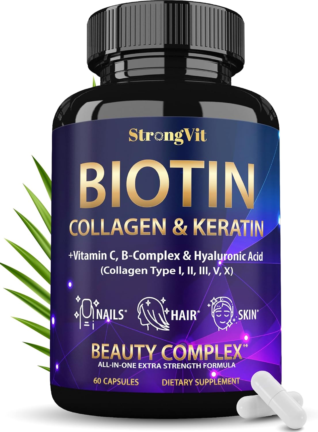 Biotin with Hyaluronic Acid, Keratin, and Collagen Supplements - Hair Growth Vitamins for Women and Men, Healthy Nails and Skin, B1, B2, B3, B6, B7 Complex, USA