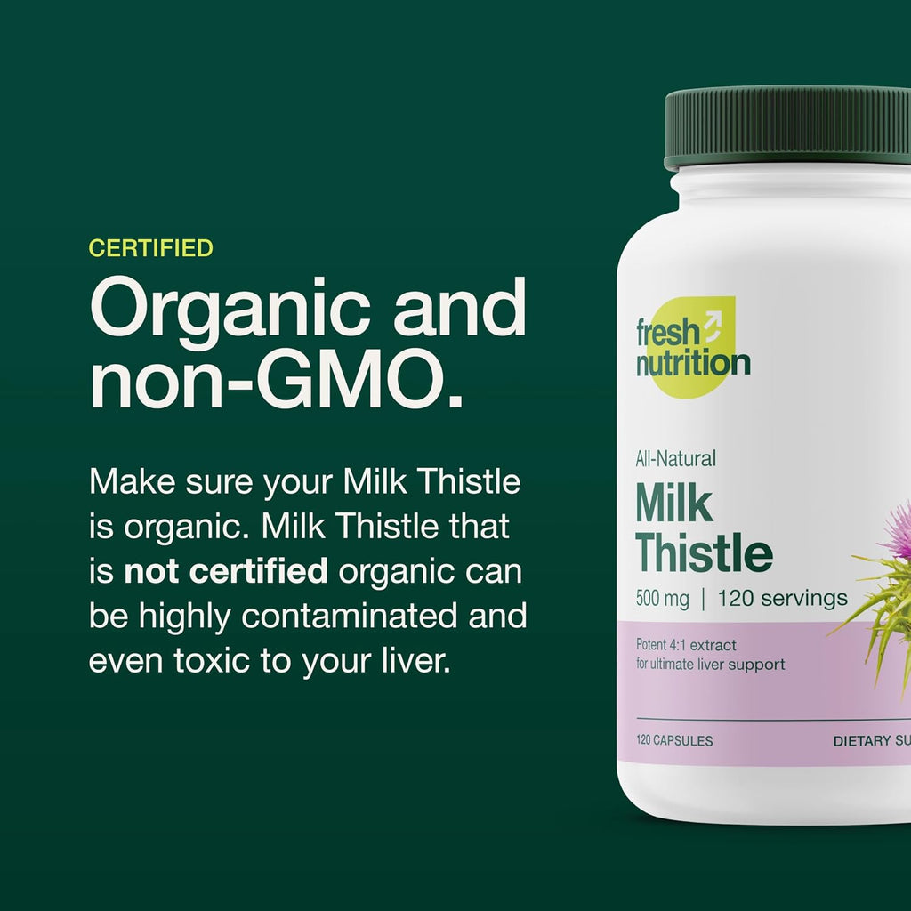 Fresh Nutrition Organic Milk Thistle Supplement - 500mg Potent Strength – 4 Month Supply – Silymarin Thistle Seed Standardized Extract 4:1 - Made in The USA - 120 Capsules