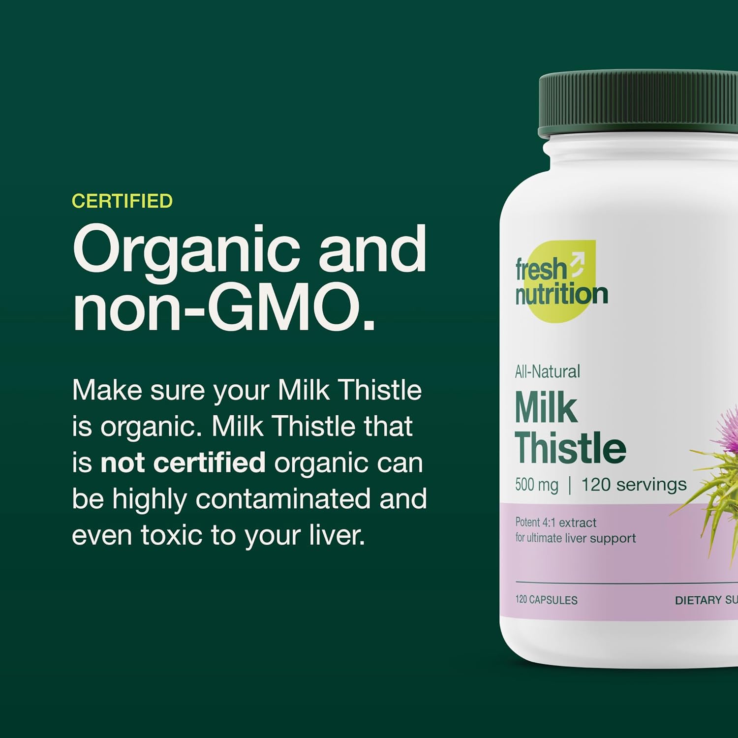 Fresh Nutrition Organic Milk Thistle Supplement - 500mg Potent Strength – 4 Month Supply – Silymarin Thistle Seed Standardized Extract 4:1 - Made in The USA - 120 Capsules