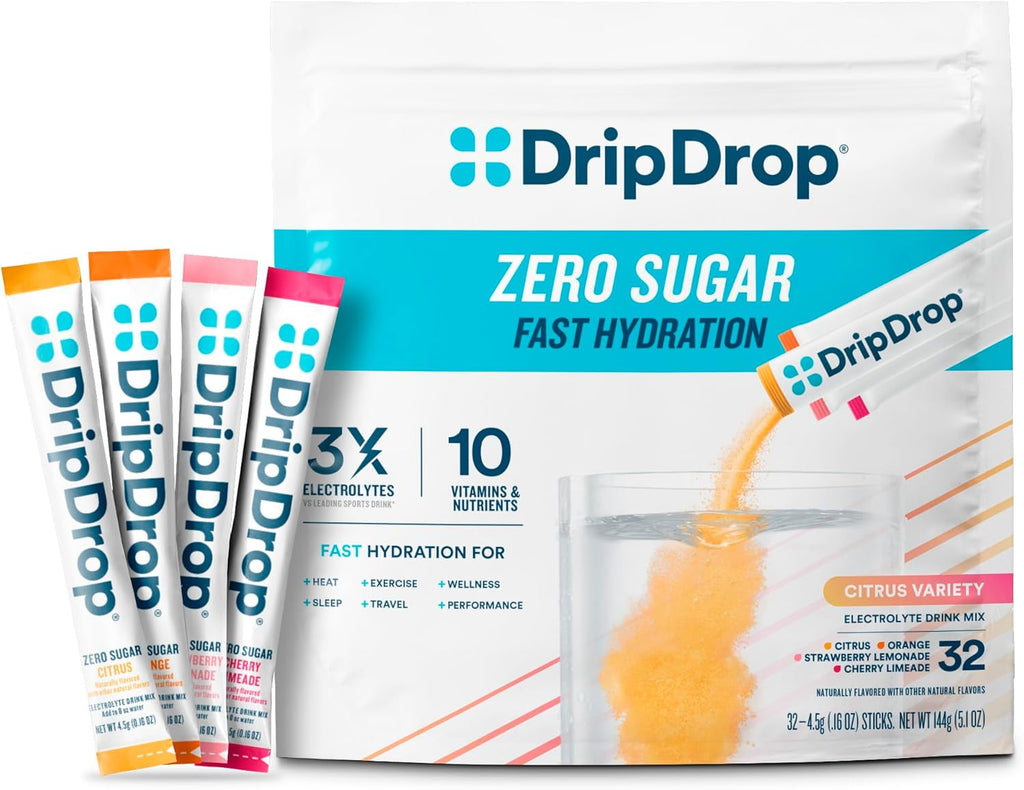 DripDrop Sugar Free Hydration Packets - Zero Citrus Variety Pack - Single Serve Electrolytes Powder Drink Mix - Cherry Limeade, Citrus, Orange, Strawberry Lemonade - Non-GMO, Gluten Free - 32 Sticks
