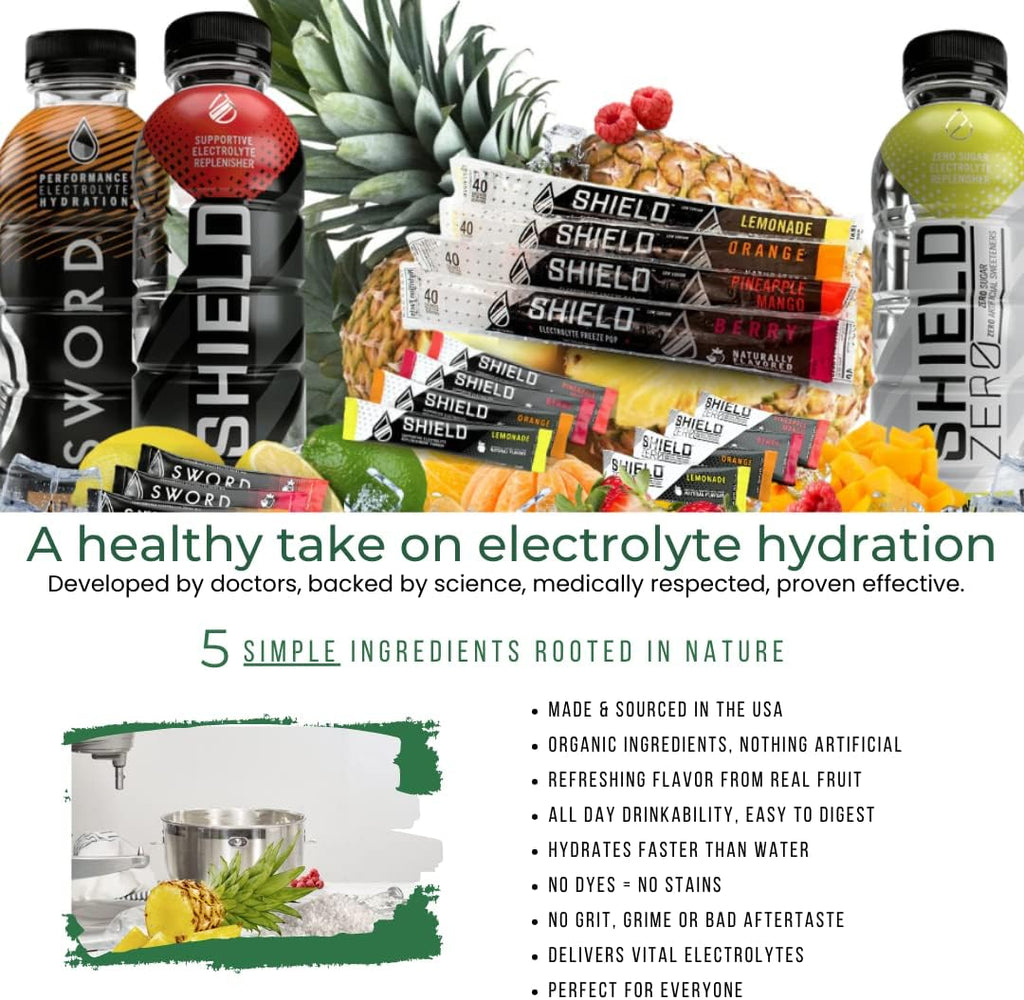 SHIELD® Electrolyte Replenisher | 32ct Powder Stick Packs – Refreshing, Clean, & Clear Hydration, No Artificial Colors/Dyes, No HFCS, Balanced Electrolyte Replenishment, and Real Fruit Flavor