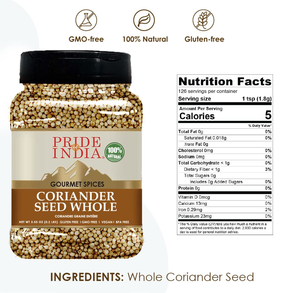 Pride of India – Coriander Seed Whole – Fresh & Gourmet Indian Whole Spice – Good for Curries/Meat/Chicken – Easy to Store – 4 oz. Medium Dual Sifter