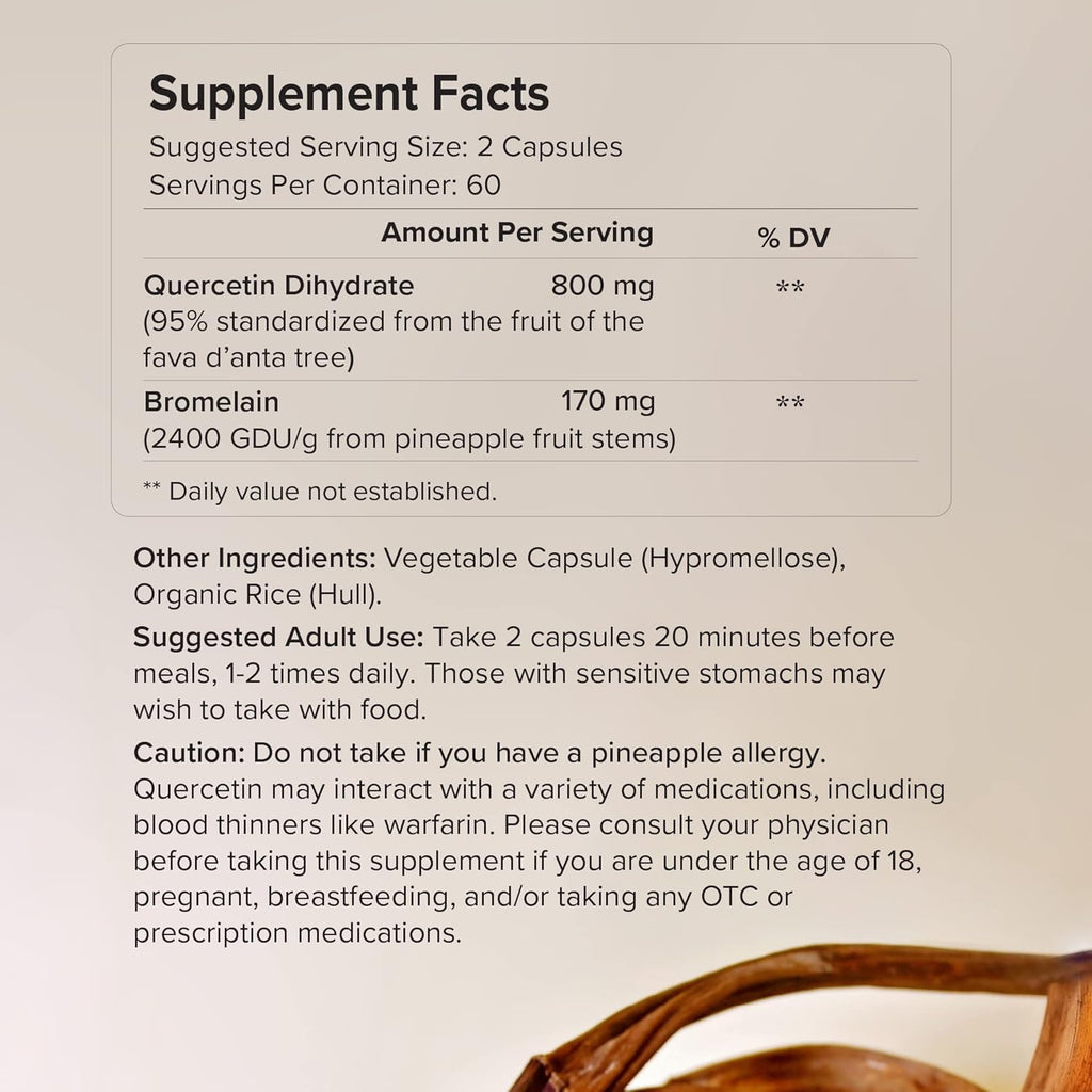 Quercetin with Bromelain - Bioactive Fava d'anta Derived Quercetin with 2400 GDU/g Bromelain 120 Capsules
