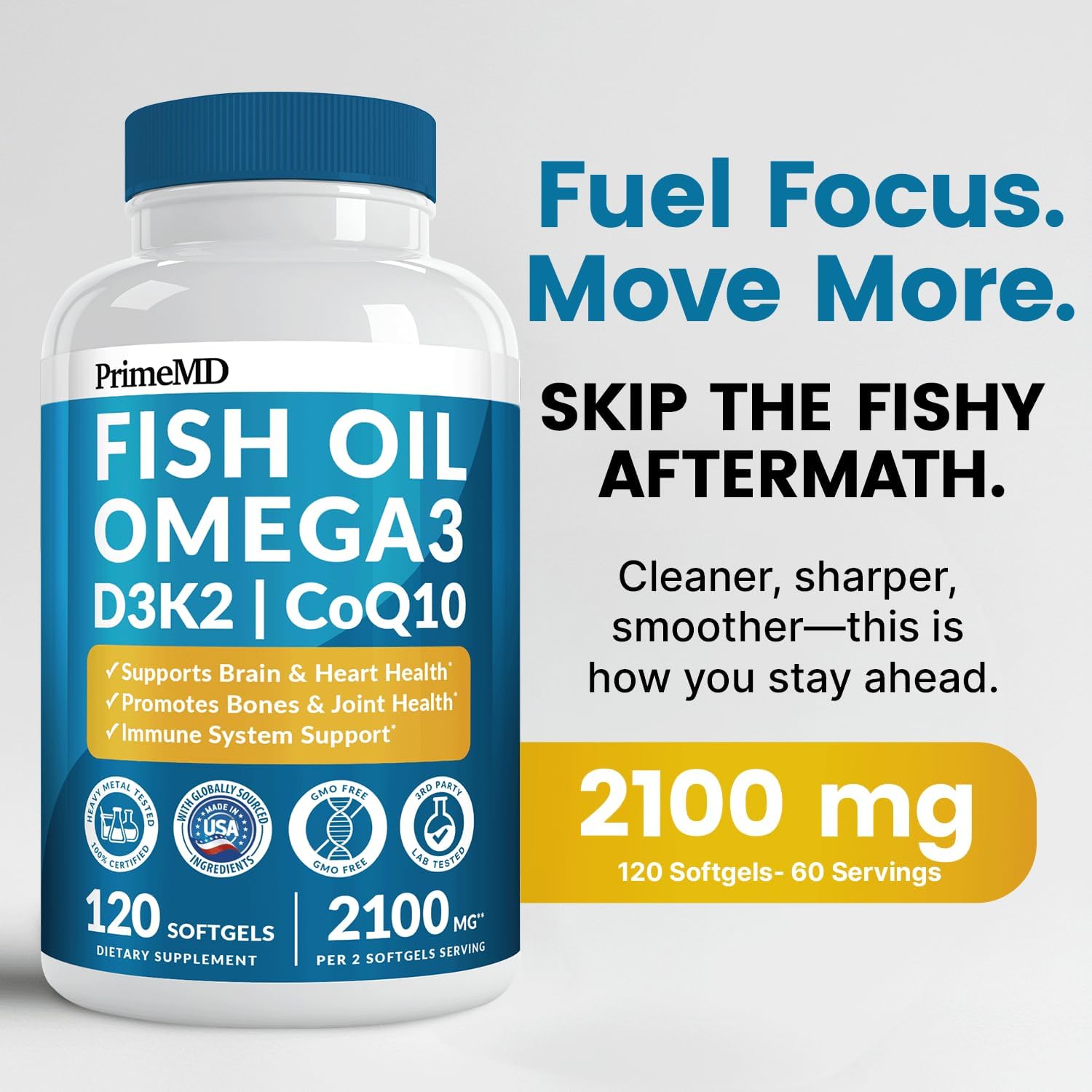 4-in-1 Fish Oil Omega 3 Fatty Supplements (2100mg) - Omega 3 Fish Oil with Vitamins D3 K2 and CoQ10 - Lemon Flavored (120 softgels, Pack of 4)