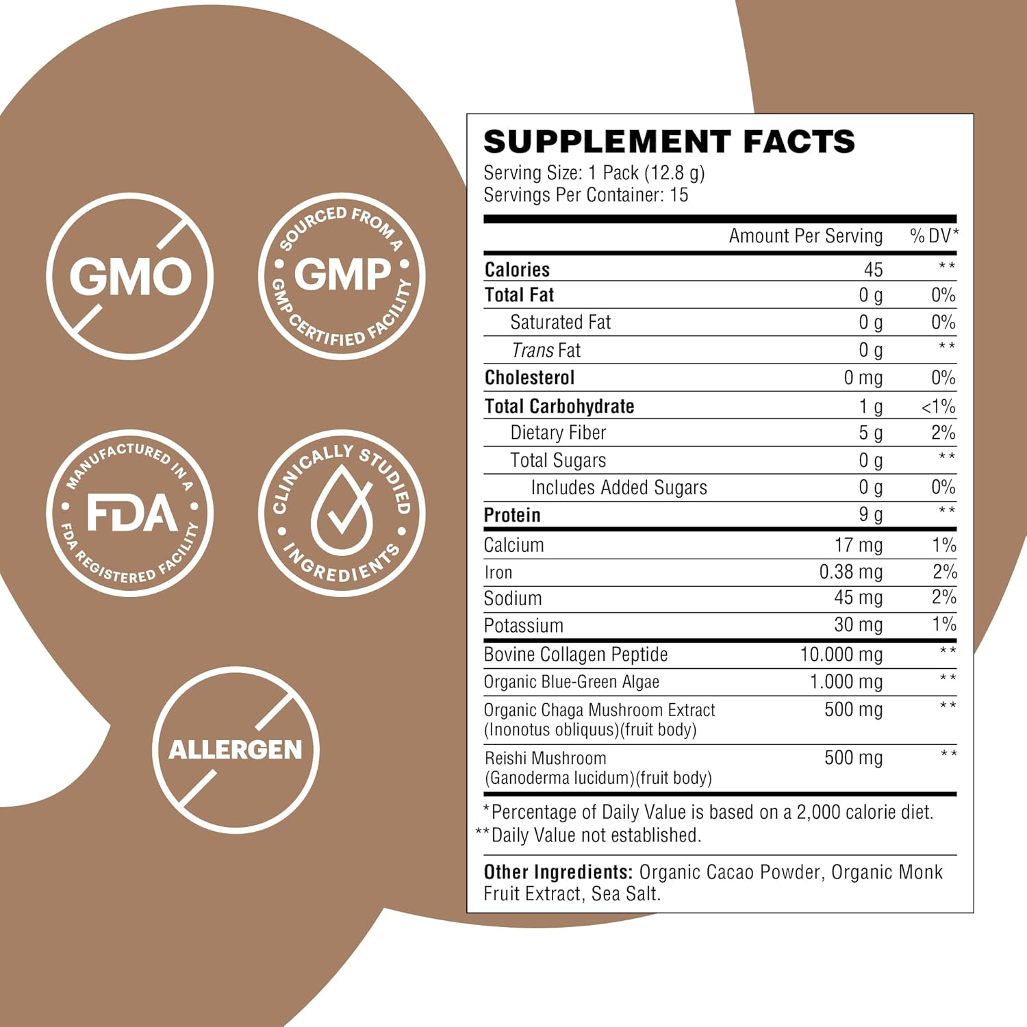 Wellthy Collagen Superfood Powder, Fights Stress & Fatigue, Cacao, Mushroom Powder - Organic Chaga & Reishi Extracts, Certified Organic Matcha, Allergen-Free & Non-GMO