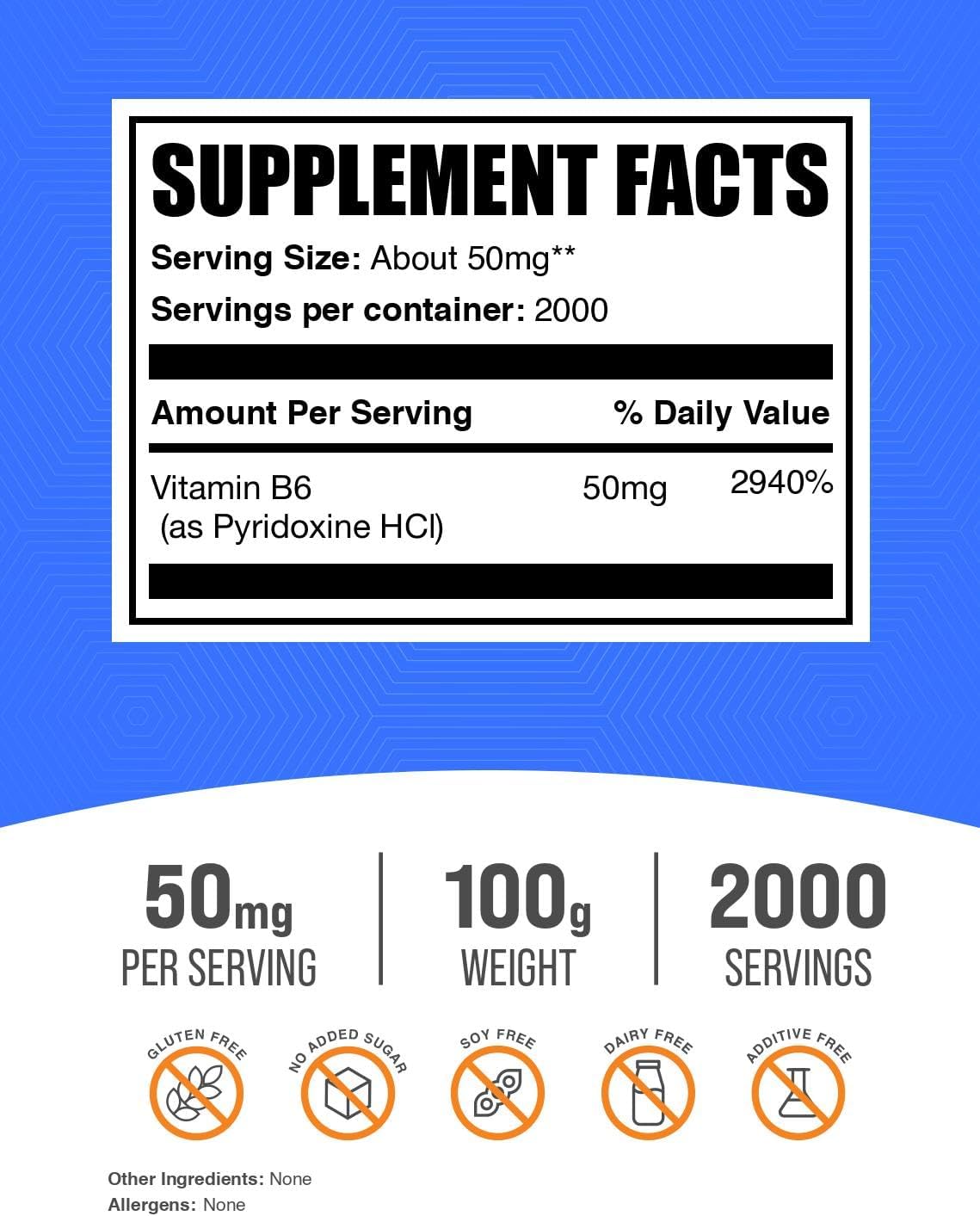 BulkSupplements.com Pyridoxine HCl Powder - Vitamin B6 Supplement, Vitamin Supplement - Gluten Free, 50mg of Pyridoxine B6 per Serving, 100g (3.5 oz) (Pack of 1)