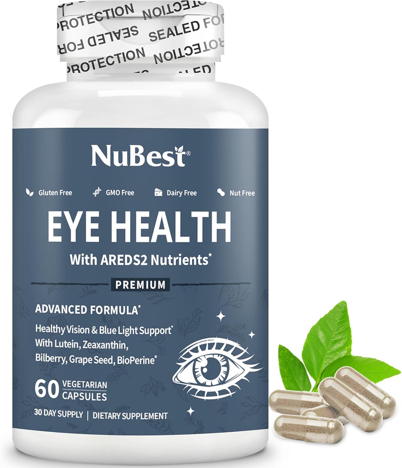 NuBest AREDS 2 Eye Vitamins with Beta Carotene Carrot Powder, 20mg Lutein, 4mg Zeaxanthin, Bilberry, Grape Seed, BioPerine, B-Complex, Multivitamin for Eye Health | 60 Vegan Capsules | 1 Month Supply