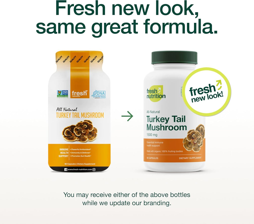 Fresh Nutrition Organic Turkey Tail Mushroom Extract Supplement - High in Beta Glucans – Non-GMO, Vegan Friendly, Gluten-Free - 90 Capsules