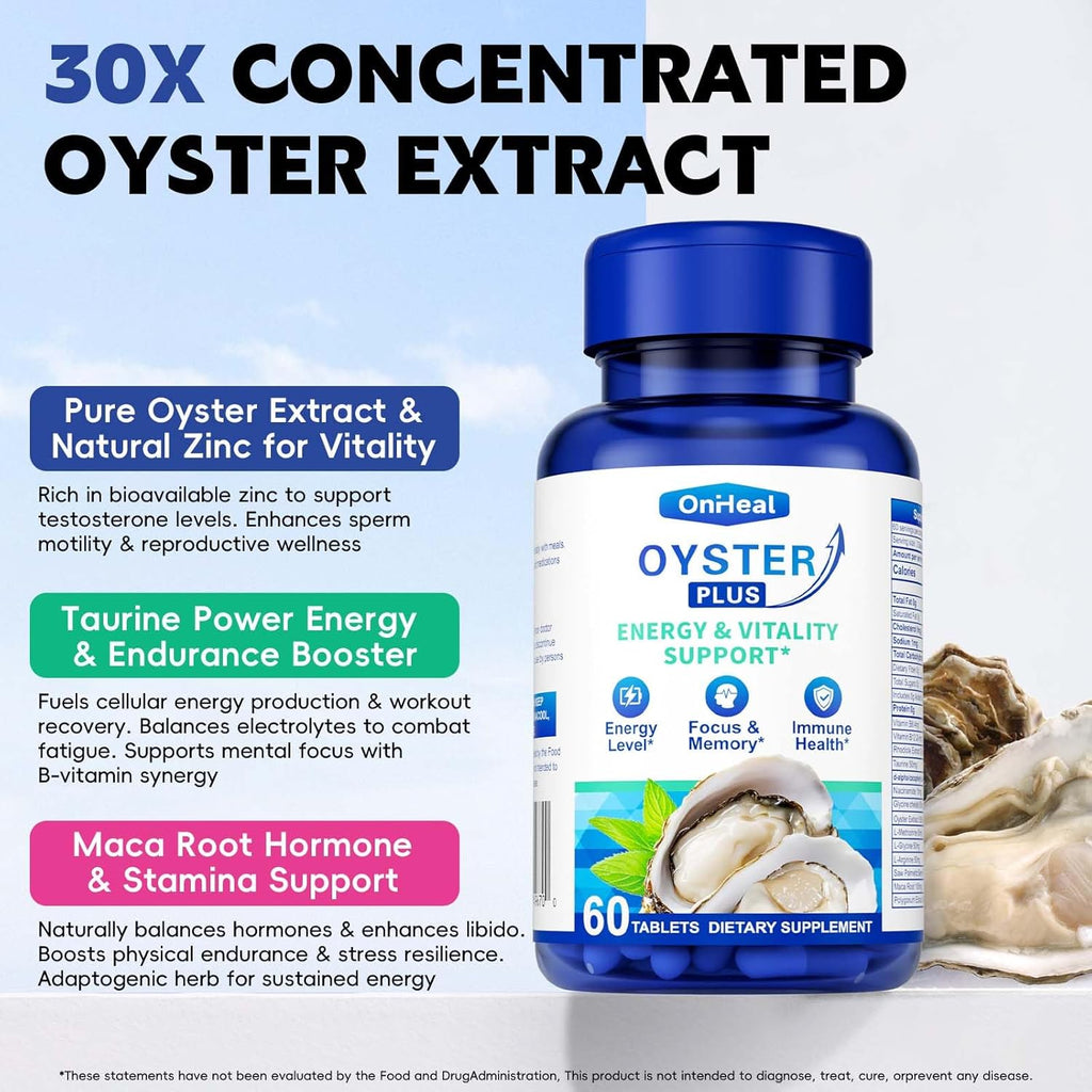 Premium Oyster Supplement - Contains Oyster Powder 100% Natural Oyster Extract, Rich in zinc and Minerals, 500mg, boosts Immunity and Energy, Oyster Supplement for Men and Women, 60 Tablets (OH-ML)
