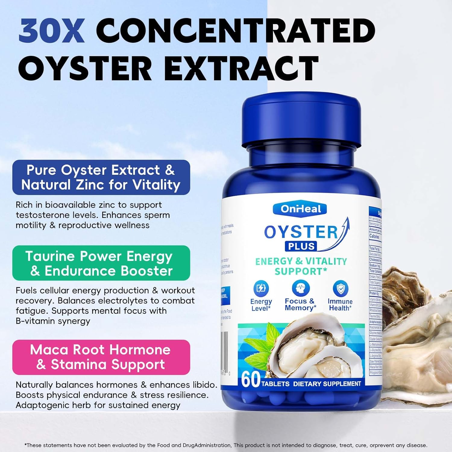 Premium Oyster Supplement - Contains Oyster Powder 100% Natural Oyster Extract, Rich in zinc and Minerals, 500mg, boosts Immunity and Energy, Oyster Supplement for Men and Women, 60 Tablets (OH-ML)