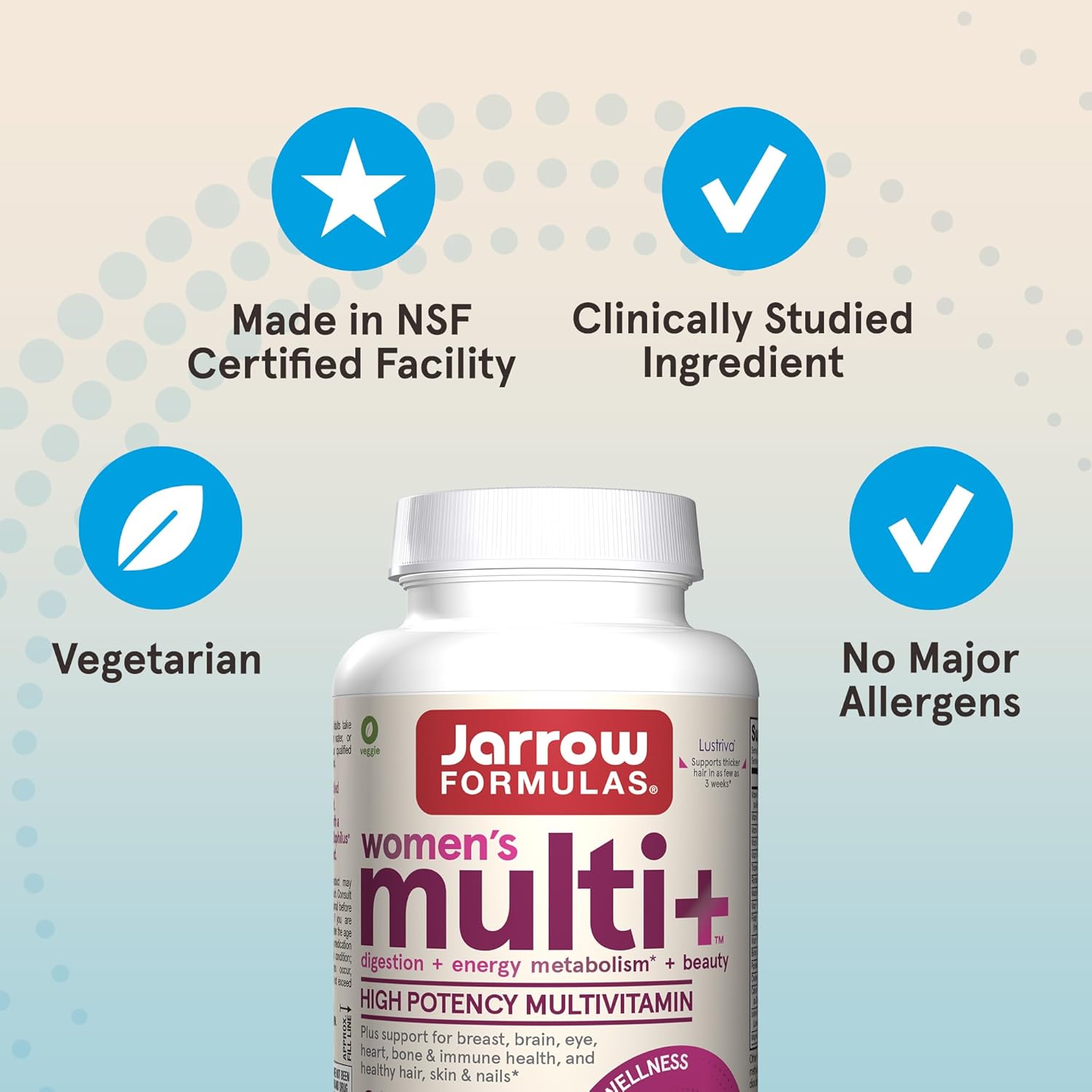 Jarrow Formulas Women's Multi+ Lustriva Hair Growth for Women, Vitamin A, D, Zinc & Lutein, 60 Tablets, 30 Day Supply