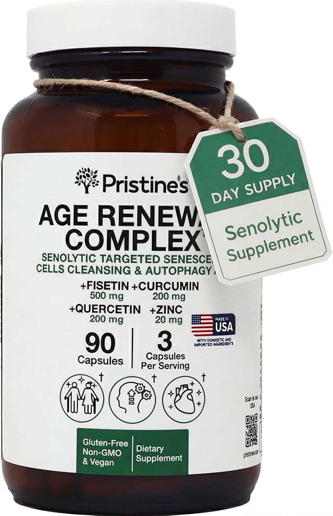 PRISTINE'S Senolytic Anti Aging & Autophagy Aid Age Renewal Complex - Senescent Cell Removal Support - Fisetin, Quercetin, Curcumin, Zinc - Gluten Free, Non-GMO, Vegan, USA Made