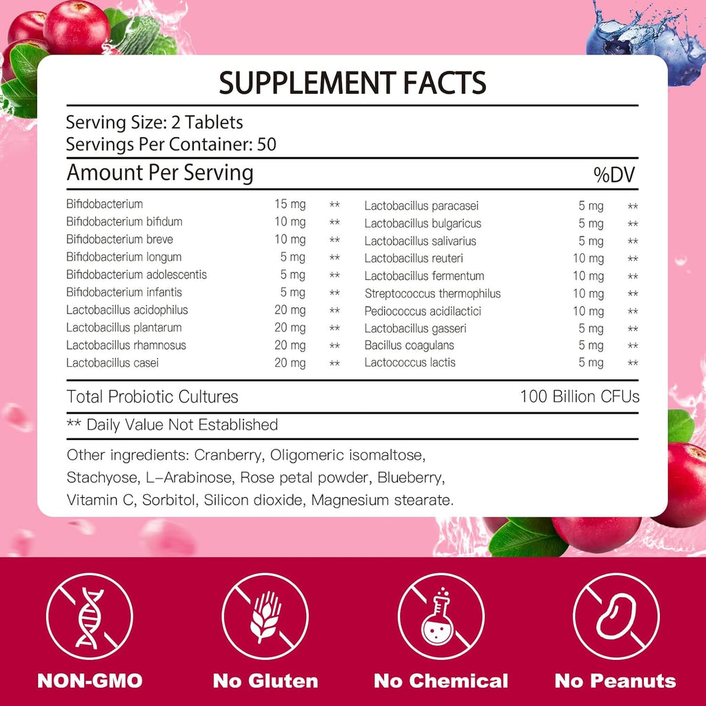 KFG Women's Probiotic, 100 Billion CFUs, 20 Strains, with Organic Prebiotics+Cranberry & D-Mannose, for Boost Immune, Digestive, Gut, Vaginal & Urinary Health, Gluten Dairy & Soy Free, 100 Tablets.