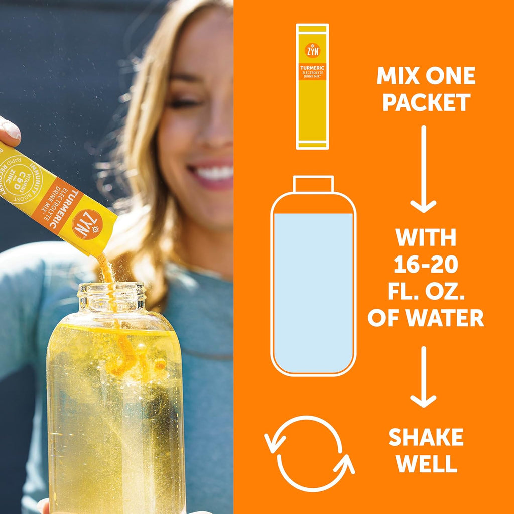 ZYN Electrolyte Drink Mix Hydration Packets, Passion Fruit Electrolytes Powder, Hydration Packets w/Turmeric Curcumin, Vitamin C & D, Zinc, Hydrate & Recover Electrolyte Powder, Pack of 32
