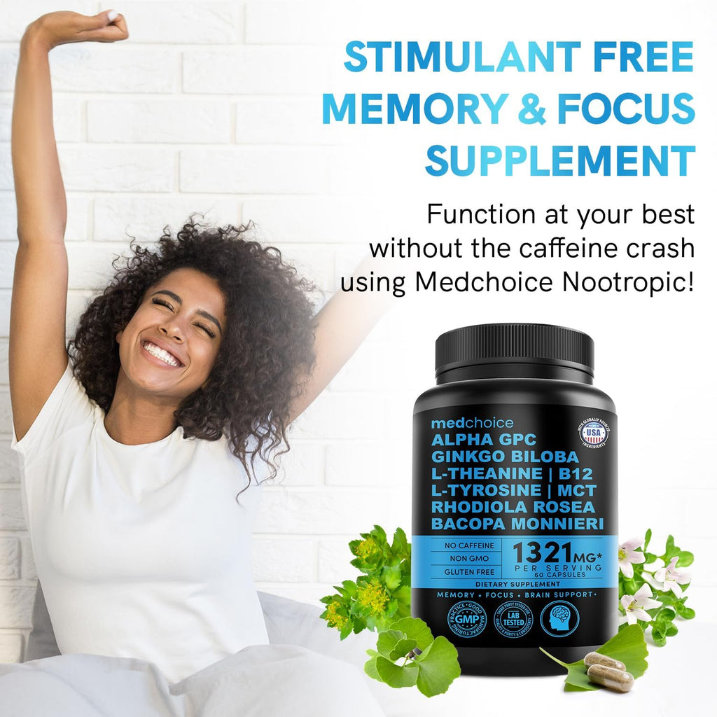 12-in-1 Nootropic Brain Supplement Anhydrous: Ginkgo Biloba for Brain Support, Memory and Focus - B12, Alpha GPC, L Theanine and Choline Supplements with Bioperine non Caffeinated 1321mg (180ct)