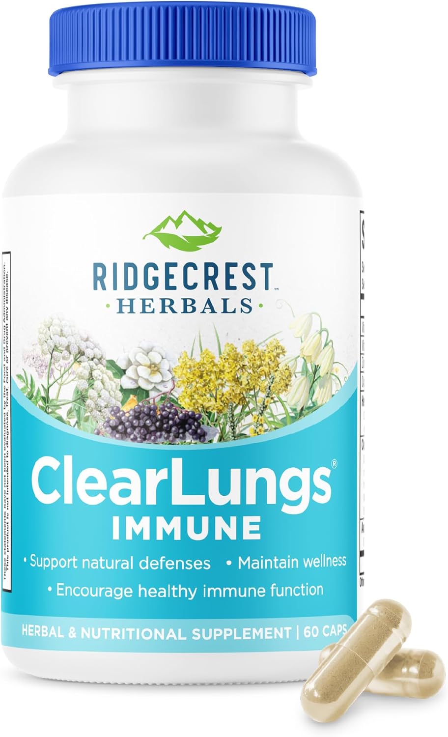 Ridgecrest Herbals ClearLungs Immune, Lung Support Supplement with Mullein, Elderberry, Zinc, Vitamin C, Vitamin A, Olive Leaf (60 Caps, 30 Serv)