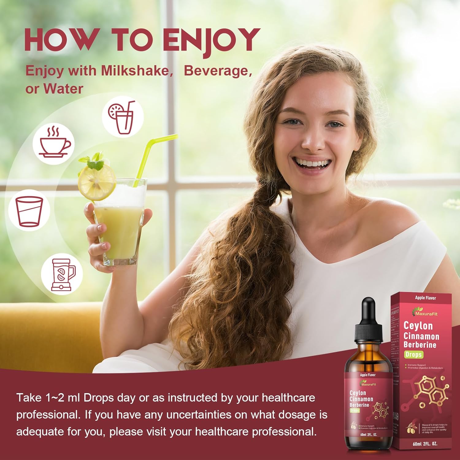 Ceylon Cinnamon Berberine Bitter Liquid Drops Supplement with Turmeric,Green Tea,Apple Cider Vinegar,Black Seed Oil for Immune System & Digestive System Supports 2 FL OZ