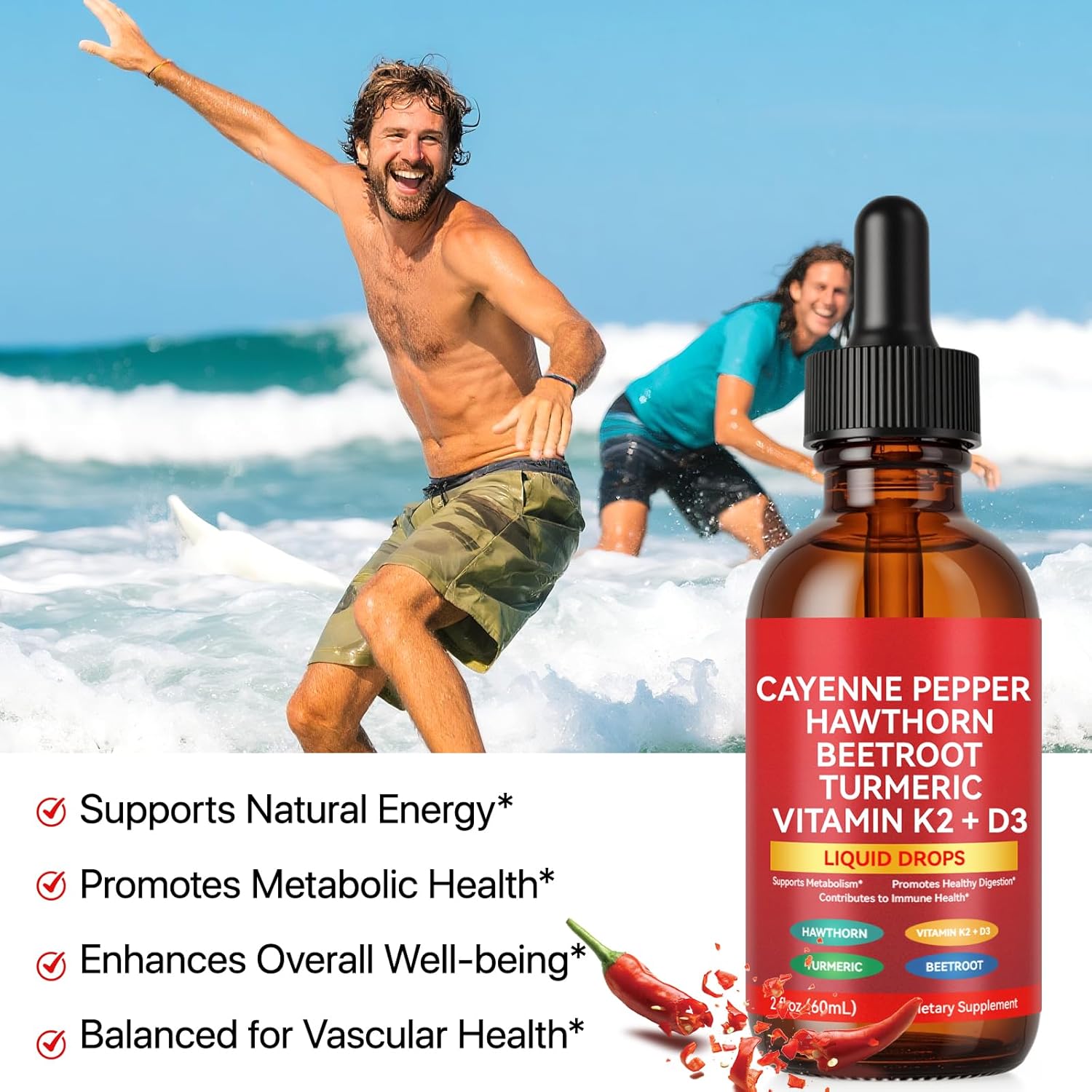 Cayenne Pepper Drops, Cayenne Pepper Supplement Liquid Drops, Cayenne Peppers Extract, Hawthorn Beet Root Turmeric Curcumin, Vitamin K2 & D3, Gentle Formula, Vegan-Friendly, Easily Absorbed