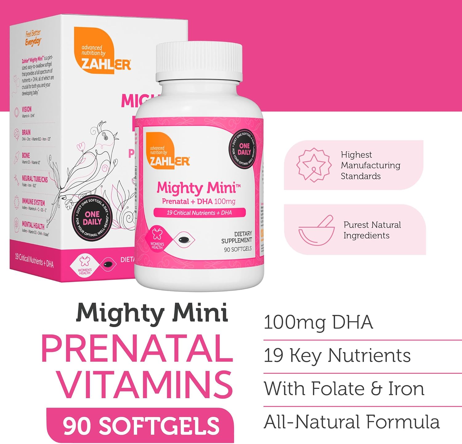 Zahler Mighty Mini Prenatal Vitamin with DHA & Folate - Certified Kosher - All Natural Prenatal Vitamins - Multivitamin for Pregnant Women - 19 Prenatal Vitamins Including Folic Acid (90 Softgels)