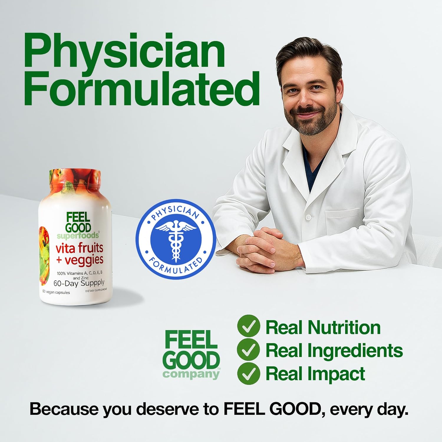 Vita Fruits and Veggies Capsules - 25 Superfood Ingredients, Fruit and Vegetable Multivitamin, 60 Count - For men and women - Vitamins A, C, D, E, B and Zinc