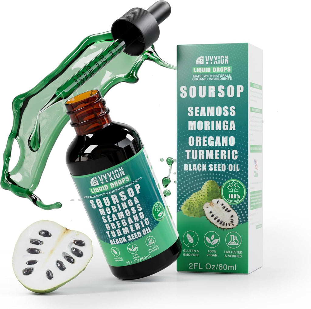 Soursop Pure Liquid Drops 10 in 1 with Sea Moss, Moringa, Turmeric, Black Seed Oil, Oregano, Ashwagandha | Herbal extracts for Overall Health-Enhancing | Vegan, Non-GMO | 4 Fl Oz