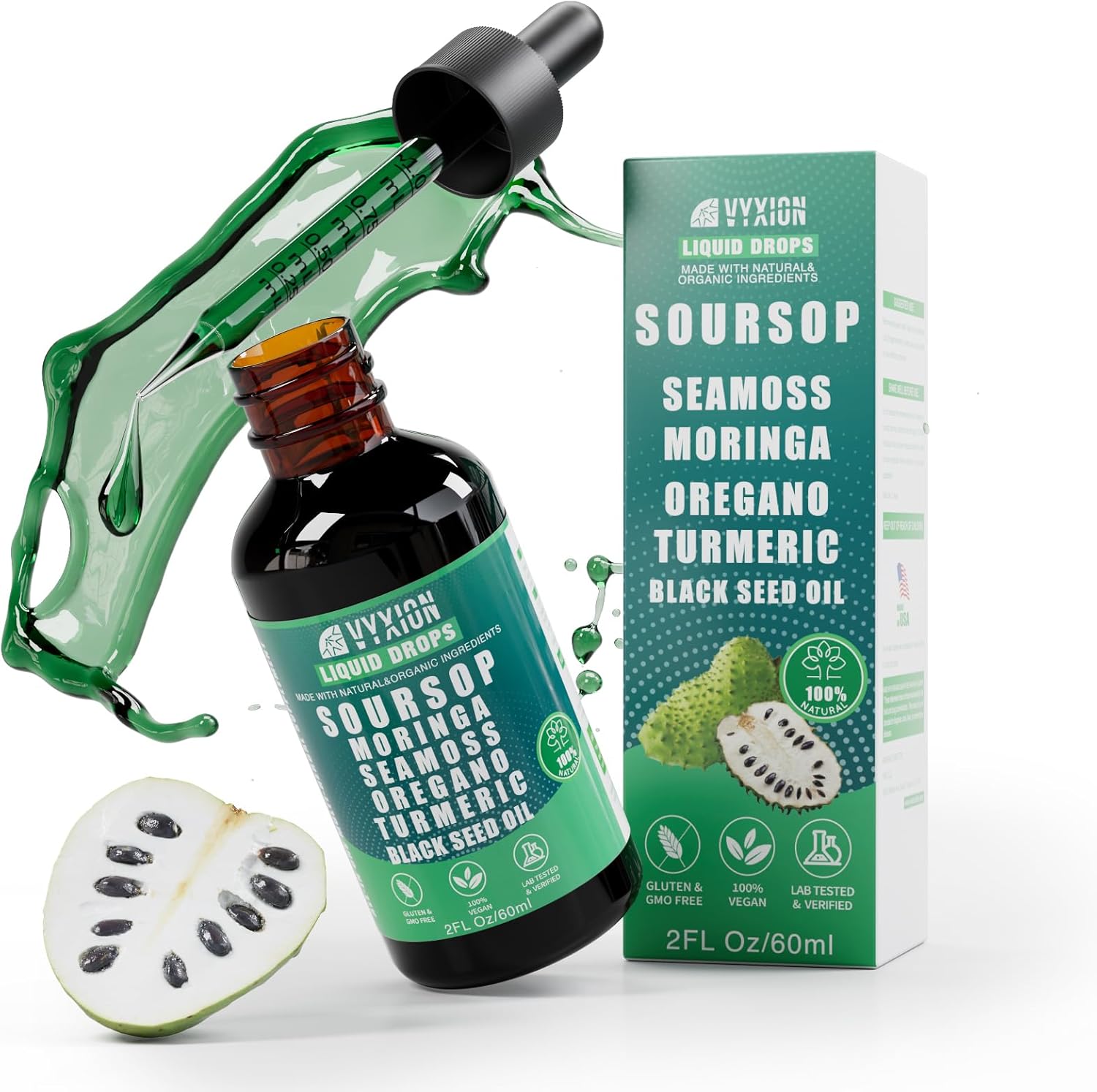 Soursop Pure Liquid Drops 10 in 1 with Sea Moss, Moringa, Turmeric, Black Seed Oil, Oregano, Ashwagandha | Herbal extracts for Overall Health-Enhancing | Vegan, Non-GMO | 4 Fl Oz