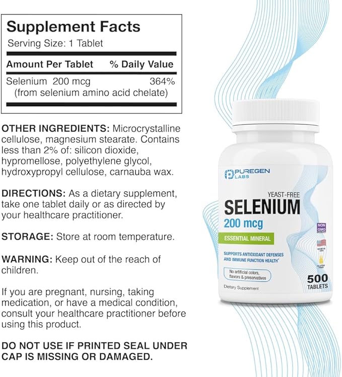 Puregen Labs Selenium 200 mcg Yeast Free Essential Mineral - 500 Vegetarian Tablets | Immune & Antioxidant Support | Non-GMO, Gluten Free