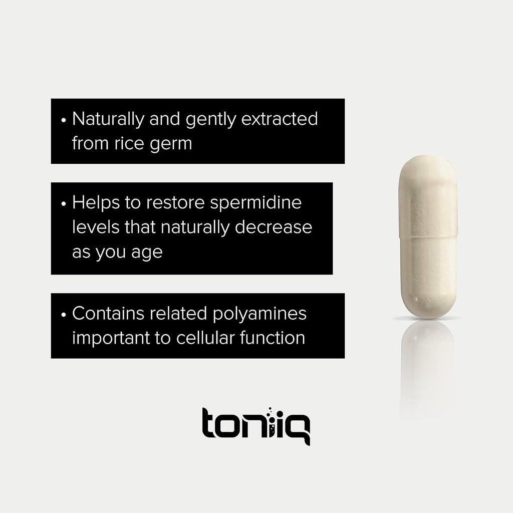 Toniiq Ultra Concentrated 500mg Spermidine Supplements for Men and Women - Non-Synthetic Spermidine Standardized to No Less Than 1% Spermidine - 5mg Spermidine per Serving Rice Germ Extract