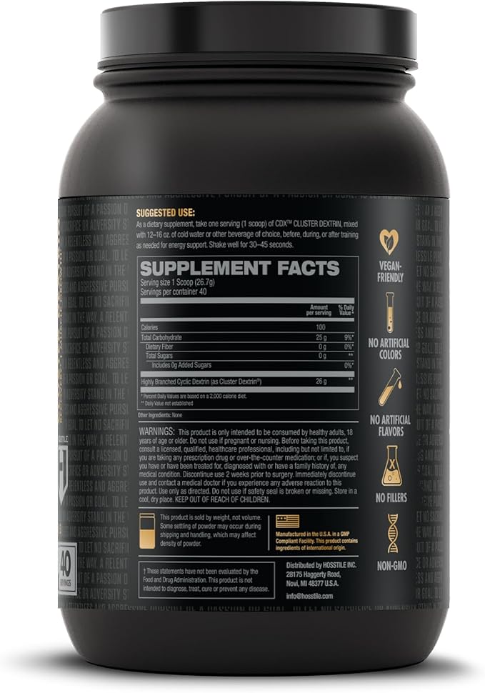 HOSSTILE CDX Cluster Dextrin Powder - Highly Branched Cyclic Dextrin HBCD Carb Powder, Carb Supplement for Intra Workout Carbs & Post Workout, Unflavored, 40 Servings