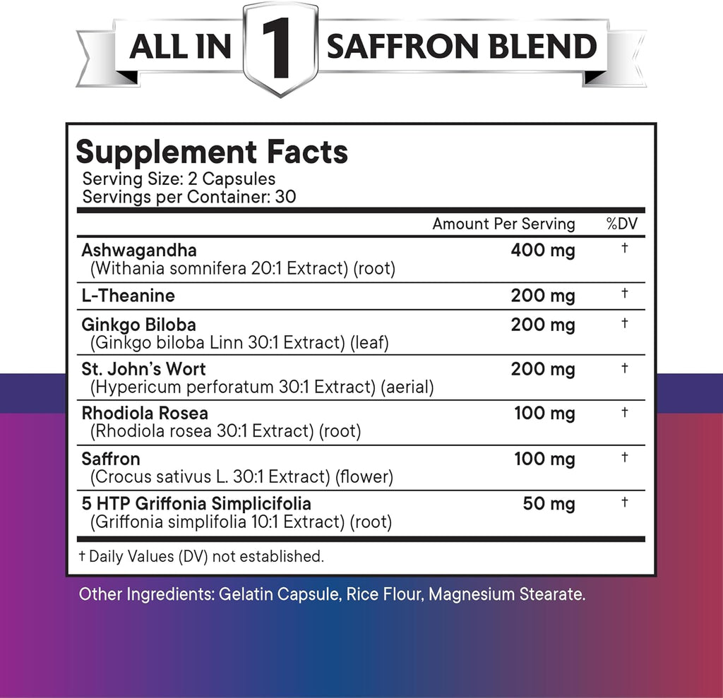 NEW AGE Saffron Supplements with Ashwagandha - Support with L-Theanine, Ginkgo Biloba, St. John's Wort, Rhodiola Rosea & 5-HTP - Saffron 180 Count