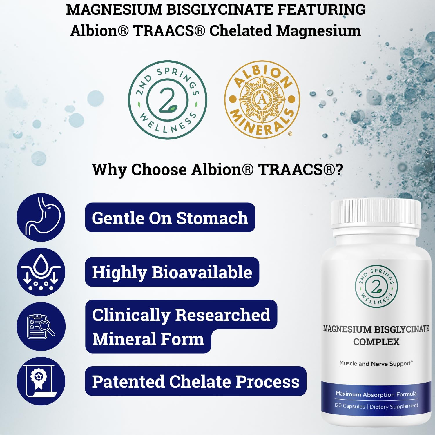 Magnesium Bisglycinate Complex 400mg – Albion TRAACS Chelated Magnesium for Maximum Absorption – Gentle on Stomach, Highly Bioavailable Magnesium Supplement – 120 Capsules
