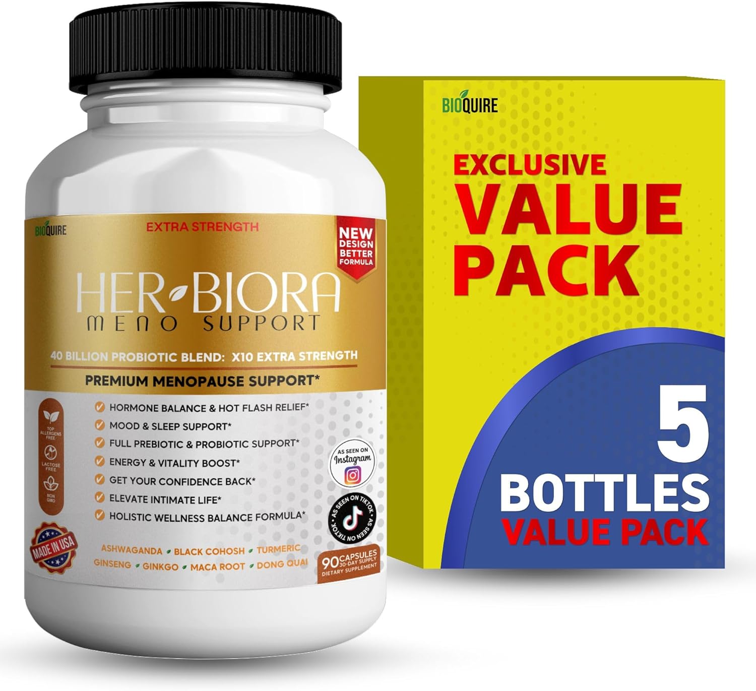 Her Biora Meno Support | Premium Menopause Probiotic Supplement | Hormone Balance, Hot Flash Relief, Mood & Sleep Support | Turmeric, Ashwagandha, Black Cohosh | 90 Capsules (5)