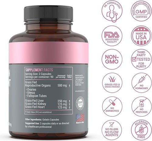 Beef Organ Supplement for Women | Ovary, Uterus & Reproductive Nourishment + Liver, Kidney & Heart for Cycle Harmony, Mood Ease & Feminine Energy | 90 Day Supply