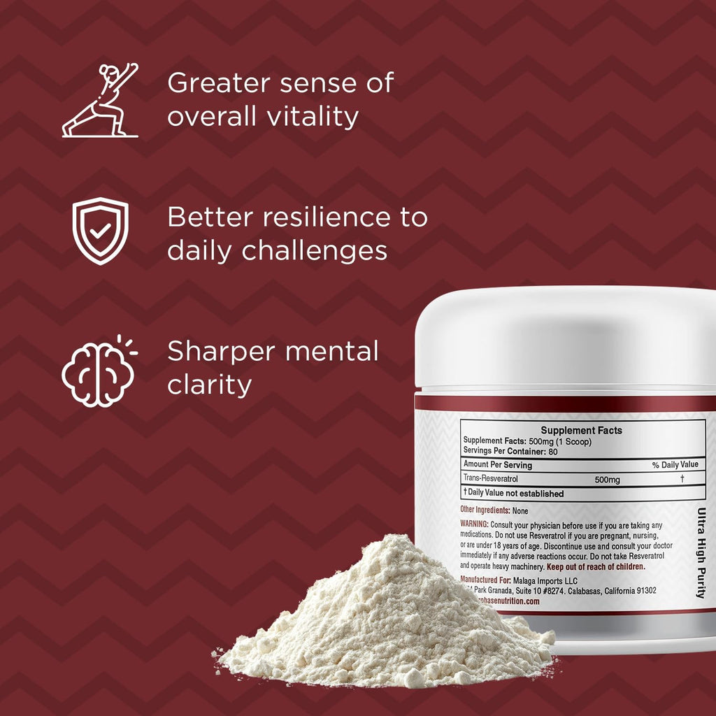 Trans Resveratrol Supplement, High Purity Resveratrol Powder for Age Support, 40-Day Supply, 40 Grams
