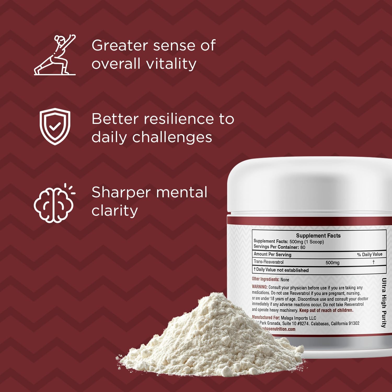 Trans Resveratrol Supplement, High Purity Resveratrol Powder for Age Support, 40-Day Supply, 40 Grams