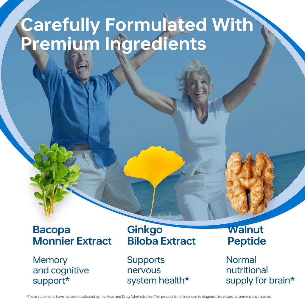 HUJ Brain Health - Brain Supplements for Memory and Focus - Brain & Nervous System Health Support with Bacopa, Phosphatidylserine, Ginkgo Biloba, Rosemary, Walnut Peptide, Nervonic Acid - 60 Capsules