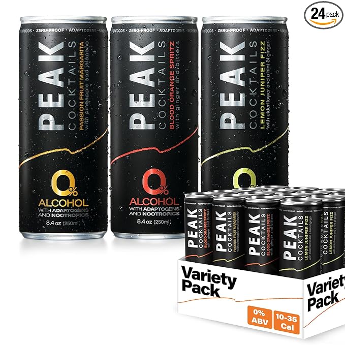 Peak Cocktails Non-Alcoholic Cocktail | Adaptogens, Nootropics, Superfoods for Recovery, Calm, Sleep | Ashwagandha, Tart Cherry, L-Theanine | Mixologist-crafted | 8.4 oz, 24-Pack Variety Pack