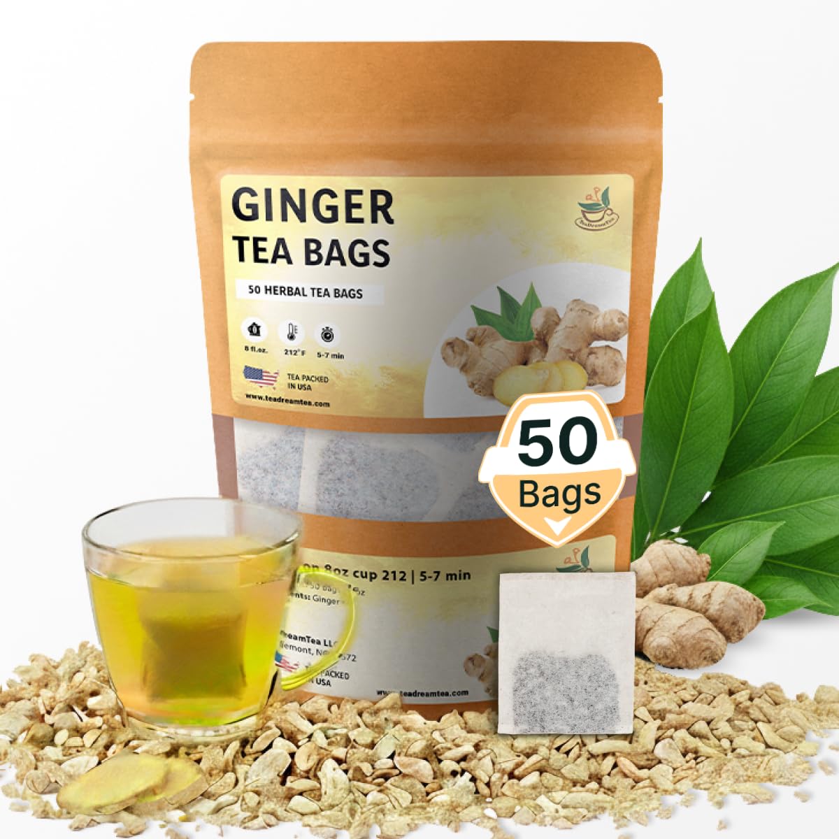 TeadreamTea Ginger Tea Bags - 50 Bleach-Free Tea Bags | Caffeine Free, Antioxidant, Calms Upset Stomach - Strengthen Immune System - Herbal Ginger Tea