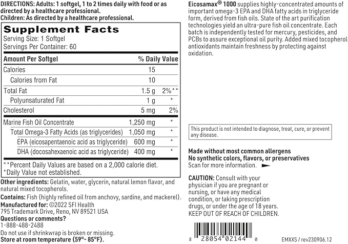 Klaire Labs SFI Health Eicosamax 1000 TG Fish Oil - 1000 mg EPA/DHA per Soft Gel, Ultra Pure Omega-3 Fish Oil Pills - Sustainably Sourced - Natural Lemon Flavor for No Fishy Burps (60 Softgels)