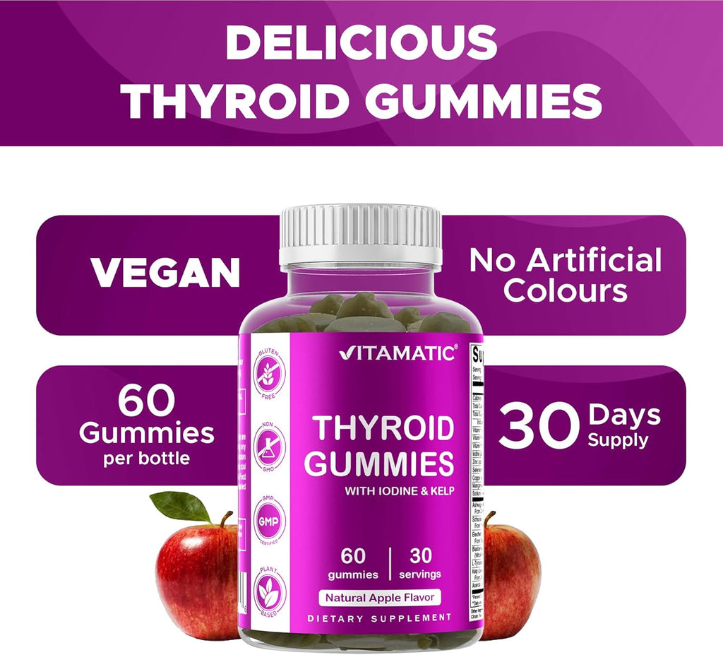 Vitamatic Vegan Thyroid Support Gummies with Iodine & Kelp – 60 Count Improve Your Energy & Increase Metabolism – Plant-Based
