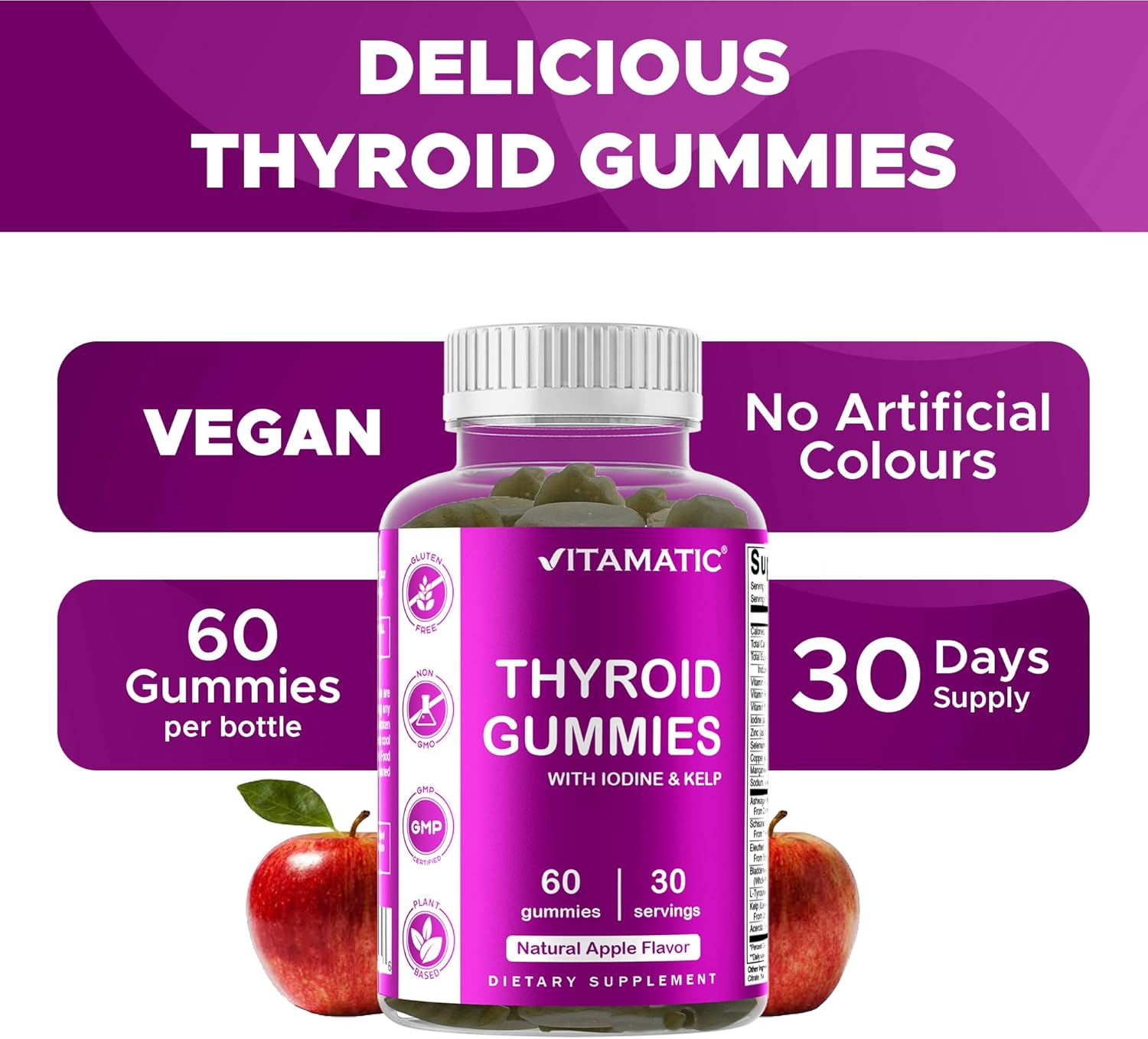 Vitamatic Vegan Thyroid Support Gummies with Iodine & Kelp – 60 Count Improve Your Energy & Increase Metabolism – Plant-Based