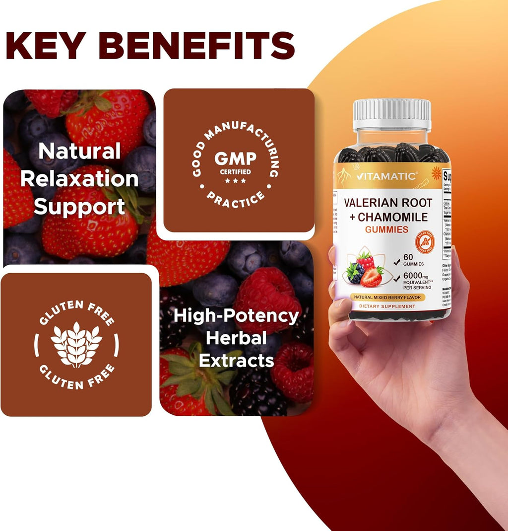 Vitamatic Valerian Root Chamomile Gummies – 6000 mg Equivalent Per Serving – Mixed Berry Flavor – 60 Gummies – Non-GMO, Gluten-Free – 30 Servings