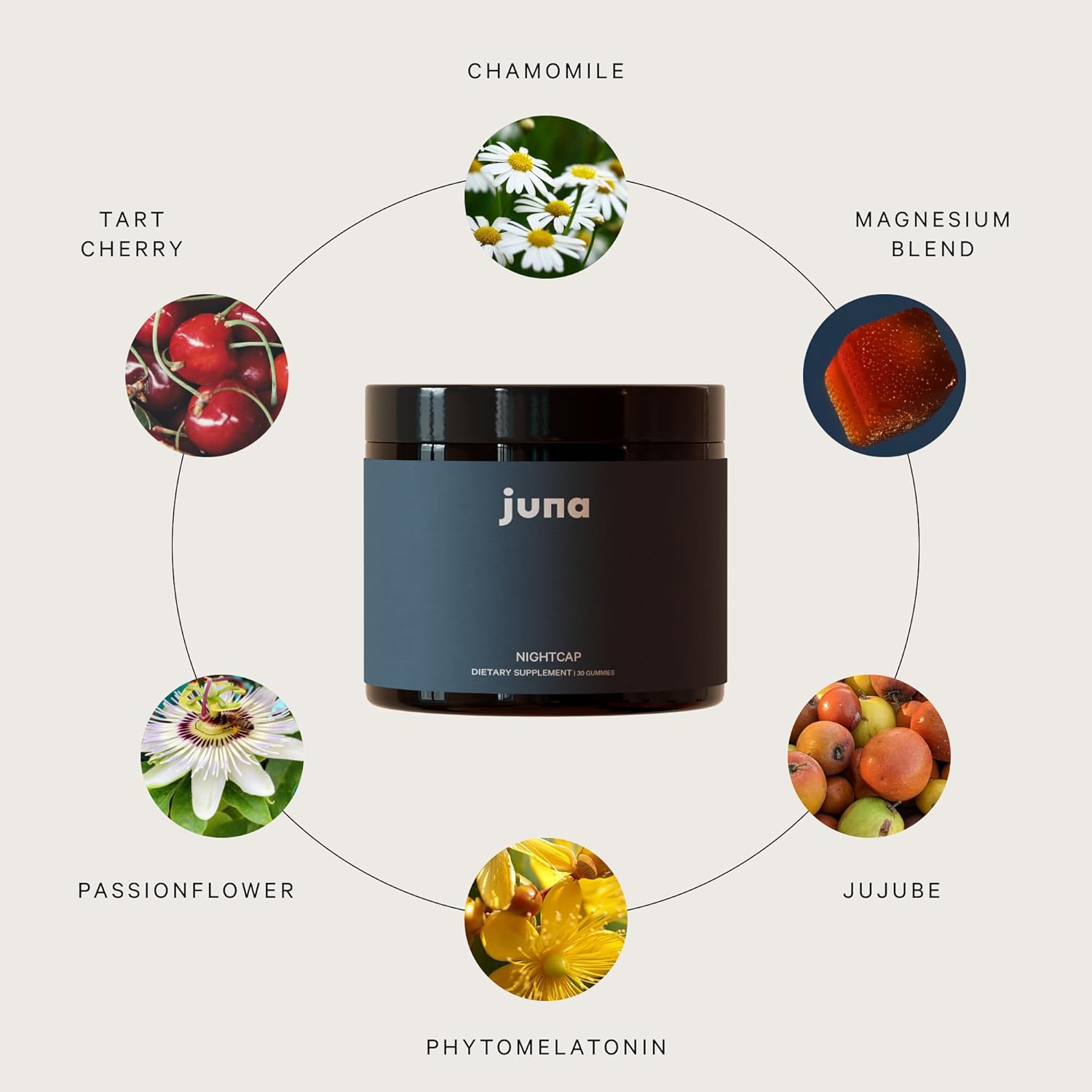 Juna Nightcap Sleep Gummies – Sugar-Free, All-Natural Sleep Aid with Low-Dose Melatonin, Tart Cherry, GABA, Magnesium, Chamomile & Passionflower – 30 Servings