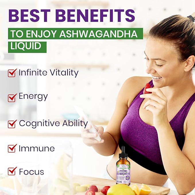 Liposomal Ashwagandha Liquid Drops 2000mg, Ashwagandha Root Extract Supplement (7% Withanolides) with Black Pepper Extract & Probiotics for Focus, Cognition & Energy - 4 FL.OZ (2 Bottle)