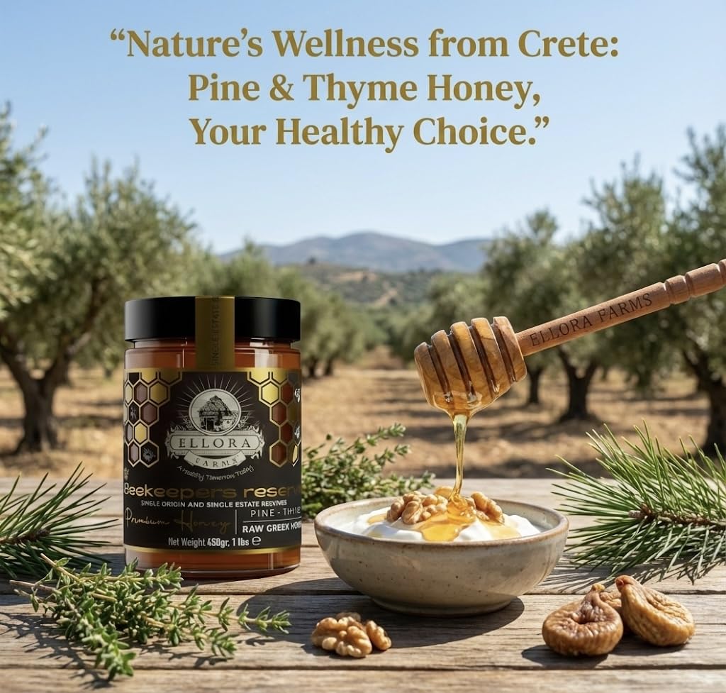 Ellora Farms Greek Honey Single Estate PDO, Pine & Thyme Raw Honey Unfiltered, Beekeepers Reserve, Pure Raw & Unfiltered Cold-Pressed, Gluten Free - 450 g
