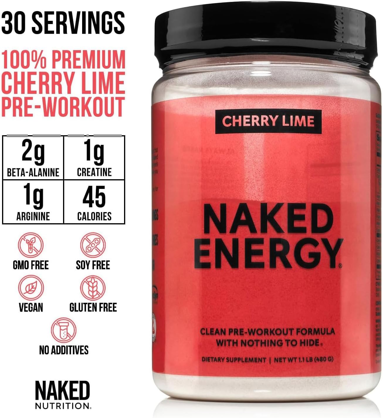 NAKED Cherry Lime Energy - Clean Pre Workout Supplement for Men and Women, Vegan Friendly, No Added Sweeteners, Colors Or Flavors - 30 Servings