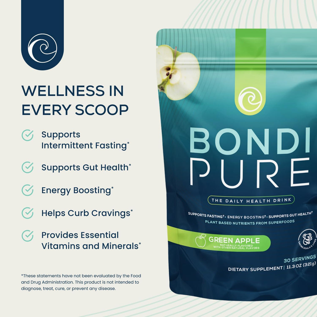 Bondi Pure - Daily Health & Detox Drink - Promote Gut Health & Energy Support During a Cleanse or Intermittent Fasting - Plant-Based Fibers, Alkalizing Super Greens - Green Apple (30 Servings)
