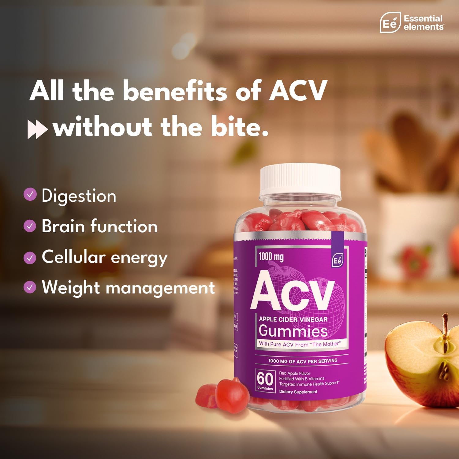 Essential Elements Apple Cider Vinegar Gummies from The Mother - Naturally-Sourced, Vegan ACV with Folic Acid and Vitamin B6 & B12 (2 Pack)